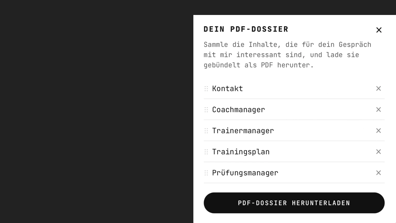 Screenshot einer mobilen Benutzeroberfläche zur Ansicht oder zum Download eines PDF-Dossiers.