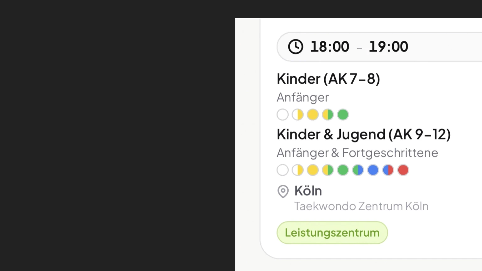 Screenshot einer Infokarte für das Kinder- und Jugendtraining mit Altersangaben und Trainingszeiten.